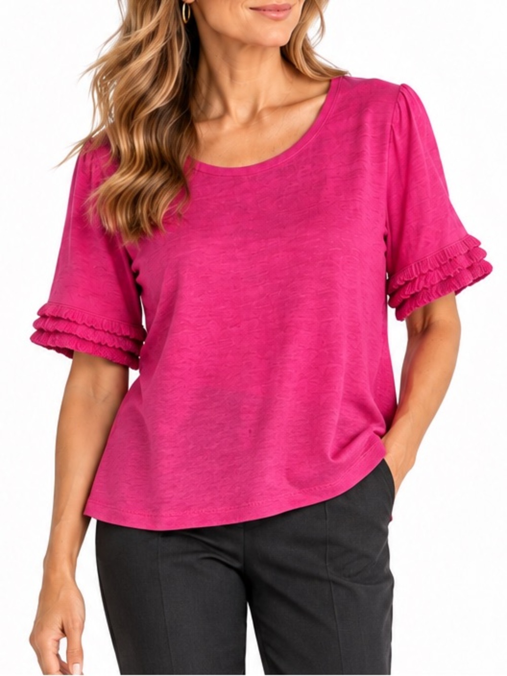 Chico’s Pink 100% Linen Ruffle Short Sleeve Top Size XL